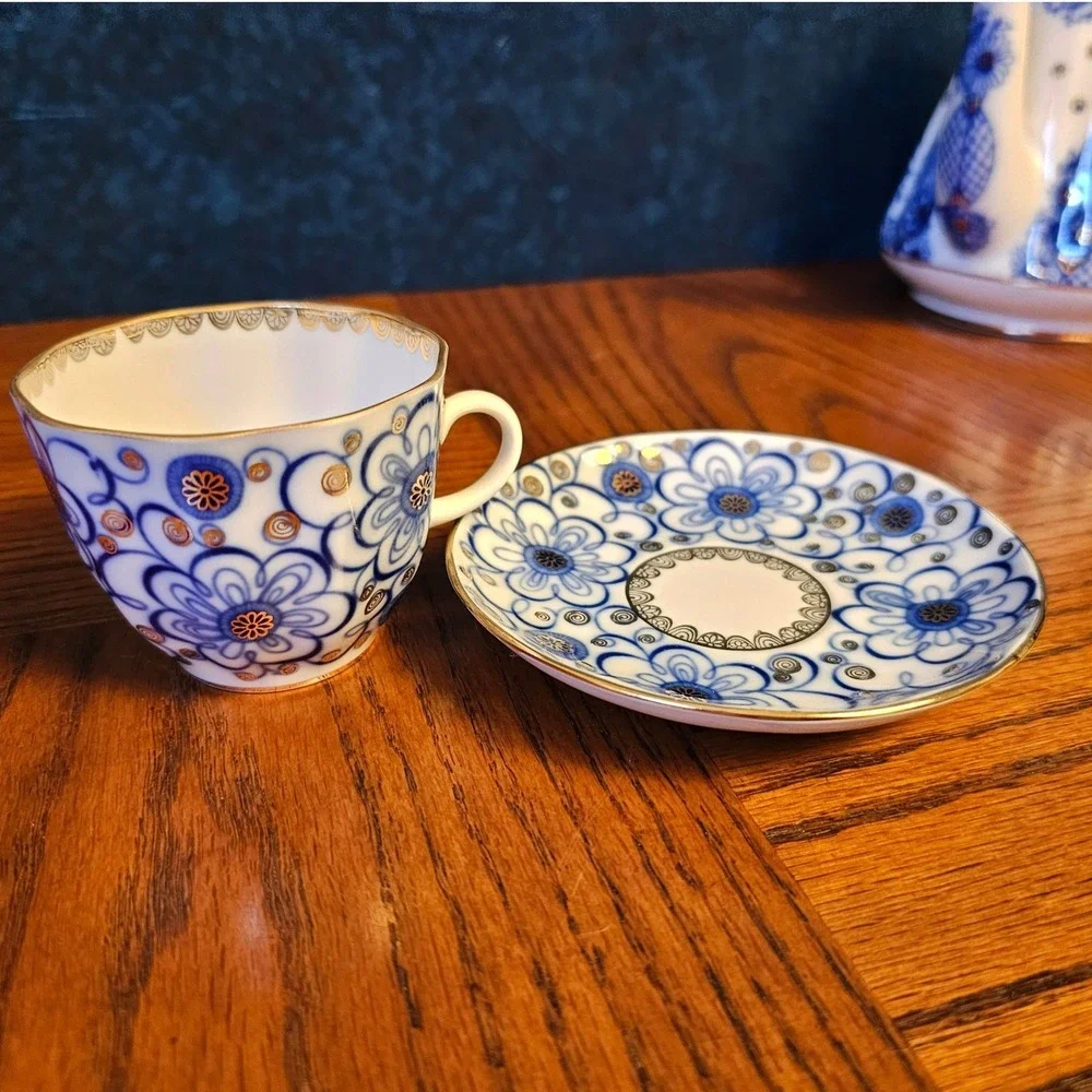 Lomonosov Imperial Porcelain Cobalt Blue Gold Floral Tea Cup Saucer Set USSR